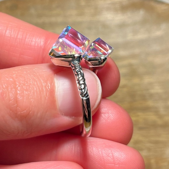 *SOLD* Iridescent Glass Crystal Cubes 925 Sterling Silver Bypass Ring - Picture 14 of 17